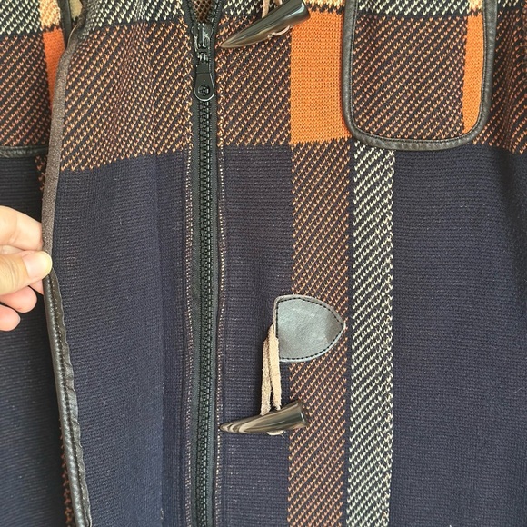 525 America Womens Orange & Navy Buffalo Plaid & Leather Trim Coat Toggle Button - Picture 3 of 10